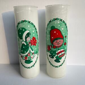 Vintage Set 2 Tall Glass Christmas White Green Red Snow Kids 10 in Pillar Candle
